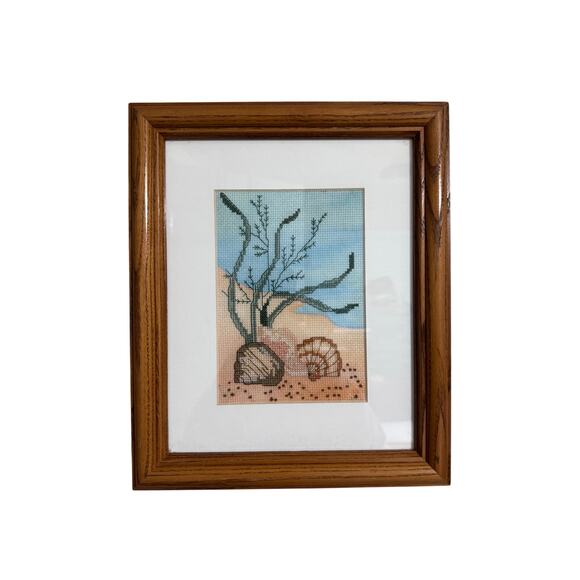 Framed Cross Stitch Seashells Beach Ocean - Picture 1 of 3